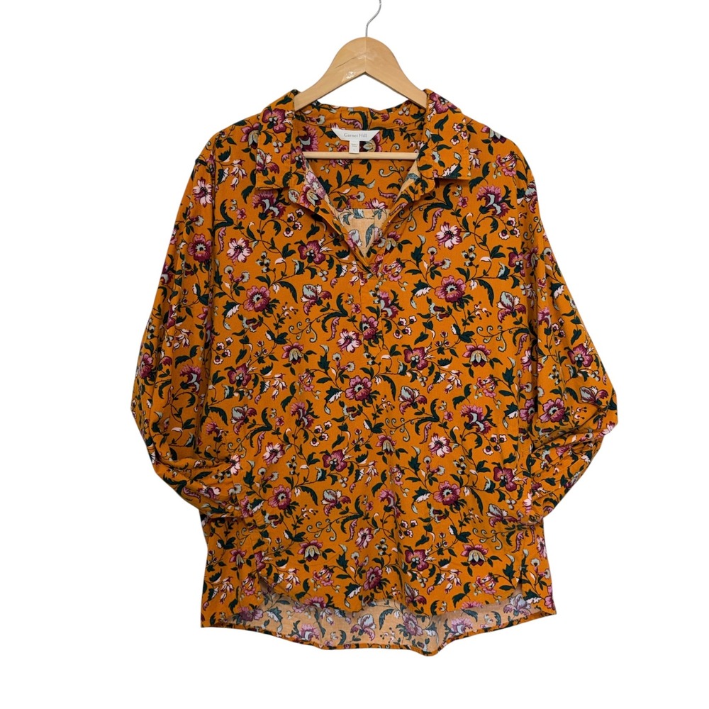 Garnet Hill‎ Women Orange Floral Corduroy Blouse Size Large Fall Boho Cotton Top